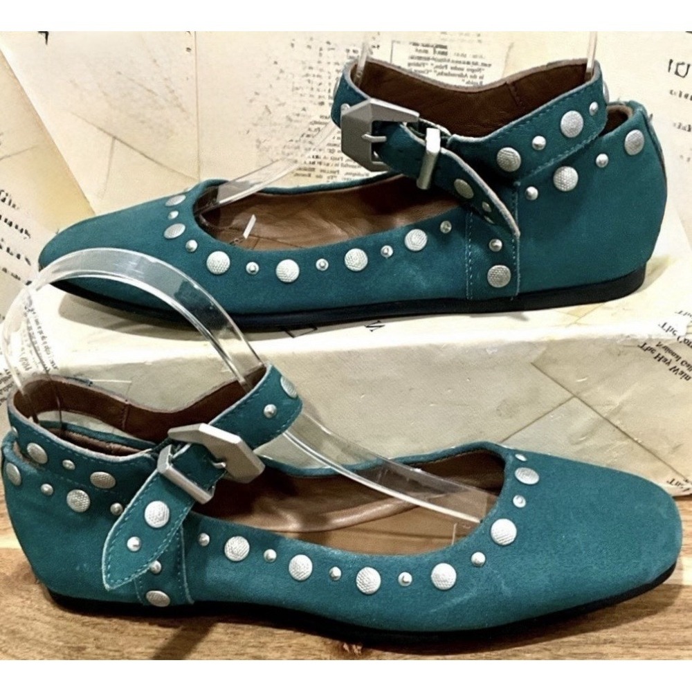 Free People Mystic Studded Mary Jane Ballet Flats Teal Green Suede - Picture 9 of 10